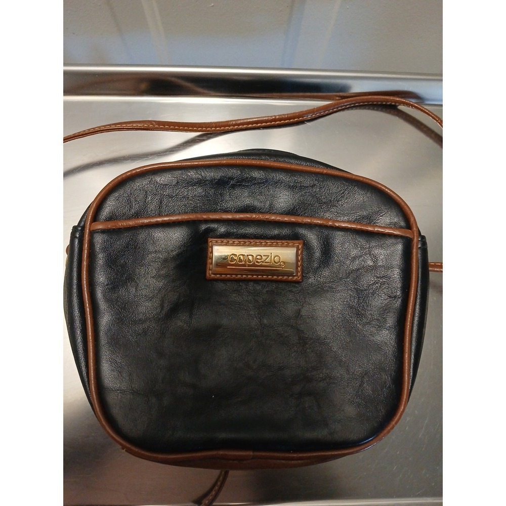 Vintage Capezio Faux Leather Crossbody Shoulder Bag Purse Black With Brown Trim